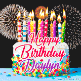 A lively happy birthday animated GIF showcasing a colorful birthday cake covered in sprinkles, topped with glowing candles, and surrounded by vibrant fireworks. The name 'Daylyn' is featured in elegant script.