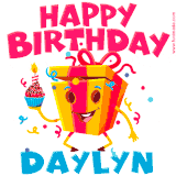 A funny animated birthday GIF with the words 'Happy Birthday Daylyna', colorful gift box with arms and legs, holding a cupcake with a lit candle  with confetti everywhere.