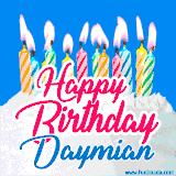A cheerful animated GIF featuring colorful lit birthday candles on a white cake, with the text 'Happy Birthday Daymian' in bold red and blue script on a bright blue background.
