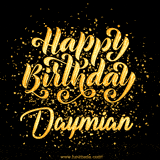 Animated GIF with colorful, festive 'Happy Birthday Daymian' text decorated with patterns, a party hat, and falling confetti. A vibrant and cheerful design for birthday celebrations.