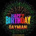 A colorful animated GIF featuring the text 'Happy Birthday Daymian!' in rainbow colors with a dynamic iridescent firework display in the background.