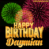 A captivating GIF with bursts of green, pink, and orange fireworks lighting up the night sky, accompanied by 'Happy Birthday Daymian' in glowing golden text.