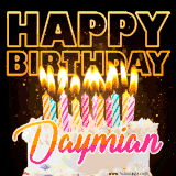 A vibrant animated GIF featuring a delicious birthday cake topped with glowing candles and the name 'Daymian' in elegant script, and the words 'Happy Birthday' on the black background.
