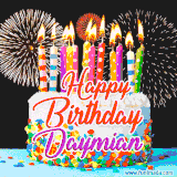 A lively happy birthday animated GIF showcasing a colorful birthday cake covered in sprinkles, topped with glowing candles, and surrounded by vibrant fireworks. The name 'Daymian' is featured in elegant script.