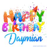 Animated GIF with colorful, festive 'Happy Birthday Daymian' text decorated with patterns, a party hat, and falling confetti. A vibrant and cheerful design for birthday celebrations.