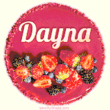 Beautifully decorated red velvet berry birthday cake with vibrant fruits and a glowing 'Dayna' name, adding a touch of sweetness and sparkle.