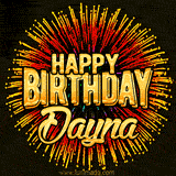 Golden 'Happy Birthday Dayna' text accompanied by animated rainbow fireworks for a festive animated greeting.