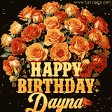 Animated bouquet of orange roses with moving butterfles and golden 'Happy Birthday Dayna' text, surrounded by sparkling accents and a dark backdrop for a luxurious feel.