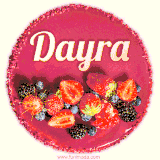 Beautifully decorated red velvet berry birthday cake with vibrant fruits and a glowing 'Dayra' name, adding a touch of sweetness and sparkle.