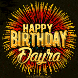 Golden 'Happy Birthday Dayra' text accompanied by animated rainbow fireworks for a festive animated greeting.