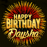 Golden 'Happy Birthday Daysha' text accompanied by animated rainbow fireworks for a festive animated greeting.