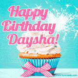 A festive cupcake with pink icing, a gingham bow, and a lit animated sparkler, paired with 'Happy Birthday Daysha!' in bright pink text.
