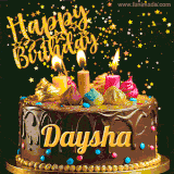 A delightful chocolate birthday cake with bright candles and 'Happy Birthday Daysha' written in gold amidst a shower of animated stars.