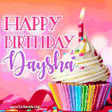 A vibrant birthday GIF featuring a rainbow-colored cupcake topped with white frosting, sprinkles, and a lit candle. The text reads 'Happy Birthday Daysha' in bold pink and violet letters with white outline.