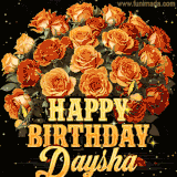 Animated bouquet of orange roses with moving butterfles and golden 'Happy Birthday Daysha' text, surrounded by sparkling accents and a dark backdrop for a luxurious feel.