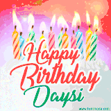 Bright birthday candles with rainbow flames on a cake, alongside the text 'Happy Birthday Daysi' in vibrant script in this celebratory animated GIF.
