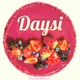 Beautifully decorated red velvet berry birthday cake with vibrant fruits and a glowing 'Daysi' name, adding a touch of sweetness and sparkle.