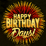 Golden 'Happy Birthday Daysi' text accompanied by animated rainbow fireworks for a festive animated greeting.