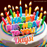 A colorful birthday cake topped with lit candles, with the words 'Happy Birthday Daysi' in bold glowing letters on a burgundy background. Animated flames add a festive touch.