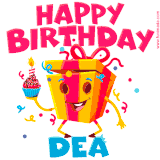 A vibrant and funny gift box character with a happy face dancing with a cupcake and the text 'Happy Birthday Dea,' surrounded by animated confetti and party vibes.