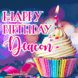 A festive animated GIF featuring a colorful cupcake with a single lit candle, sprinkles, and 'Happy Birthday Deacon' text against a sparkling, celebratory background.