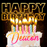 A vibrant animated GIF featuring a delicious birthday cake topped with glowing candles and the name 'Deacon' in elegant script, and the words 'Happy Birthday' on the black background.