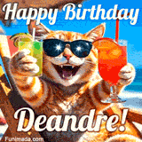 A cheerful cat wearing sunglasses, enjoying drinks on a sunny beach chair, with the text 'Happy Birthday Deandre!' in bright letters.