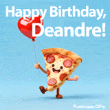 Happy Birthday Deandre text above a cute animated slice of pepperoni pizza