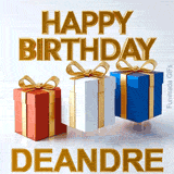 Premium 3D golden typography spelling Happy Birthday Deandre hovering over three elegantly wrapped gift boxes in red, white, and blue colors