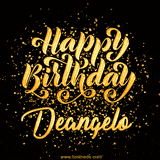 Animated GIF with colorful, festive 'Happy Birthday Deangelo' text decorated with patterns, a party hat, and falling confetti. A vibrant and cheerful design for birthday celebrations.