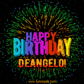 A colorful animated GIF featuring the text 'Happy Birthday Deangelo!' in rainbow colors with a dynamic iridescent firework display in the background.