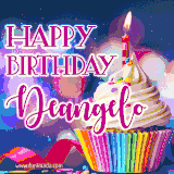 A festive animated GIF featuring a colorful cupcake with a single lit candle, sprinkles, and 'Happy Birthday Deangelo' text against a sparkling, celebratory background.