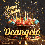Shimmering animated card featuring a detailed chocolate cake and the name Deangelo for his birthday celebration.