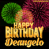 A captivating GIF with bursts of green, pink, and orange fireworks lighting up the night sky, accompanied by 'Happy Birthday Deangelo' in glowing golden text.
