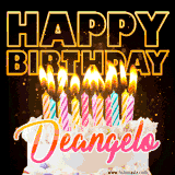 A vibrant animated GIF featuring a delicious birthday cake topped with glowing candles and the name 'Deangelo' in elegant script, and the words 'Happy Birthday' on the black background.