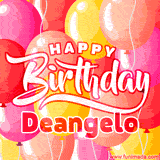 A vibrant birthday GIF featuring colorful balloons in shades of pink, yellow, and orange, with bold white and red text saying 'Happy Birthday Deangelo.'