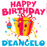 A funny animated birthday GIF with the words 'Happy Birthday Deangeloa', colorful gift box with arms and legs, holding a cupcake with a lit candle  with confetti everywhere.