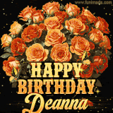 Animated bouquet of orange roses with moving butterfles and golden 'Happy Birthday Deanna' text, surrounded by sparkling accents and a dark backdrop for a luxurious feel.