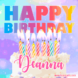 A vibrant animated name GIF with the words 'Happy Birthday Deanna' with colorful candles on a creamy cake. The background sparkles with pastel shades, adding a festive touch.