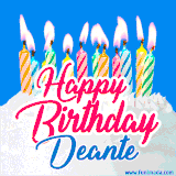A cheerful animated GIF featuring colorful lit birthday candles on a white cake, with the text 'Happy Birthday Deante' in bold red and blue script on a bright blue background.
