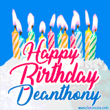 A cheerful animated GIF featuring colorful lit birthday candles on a white cake, with the text 'Happy Birthday Deanthony' in bold red and blue script on a bright blue background.