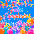 A vibrant animated GIF with 'Feliz Cumpleaños Deanthony' written in colorful script, surrounded by balloons, confetti, and bunting on a bright blue background.