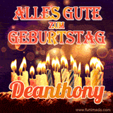 An animated GIF featuring 'Alles Gute Zum Geburtstag Deanthony' in glowing red and gold letters above a cake with colorful lit candles, set against a festive sparkling background.