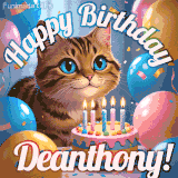 A playful tabby cat sits behind a colorful birthday cake surrounded by balloons and confetti, with 'Happy Birthday Deanthony!' written above in festive letters.
