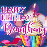 A festive animated GIF featuring a colorful cupcake with a single lit candle, sprinkles, and 'Happy Birthday Deanthony' text against a sparkling, celebratory background.