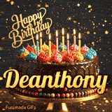 Shimmering animated card featuring a detailed chocolate cake and the name Deanthony for his birthday celebration.