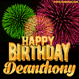 A captivating GIF with bursts of green, pink, and orange fireworks lighting up the night sky, accompanied by 'Happy Birthday Deanthony' in glowing golden text.