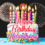 A lively happy birthday animated GIF showcasing a colorful birthday cake covered in sprinkles, topped with glowing candles, and surrounded by vibrant fireworks. The name 'Deanthony' is featured in elegant script.
