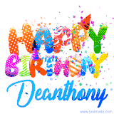 Animated GIF with colorful, festive 'Happy Birthday Deanthony' text decorated with patterns, a party hat, and falling confetti. A vibrant and cheerful design for birthday celebrations.