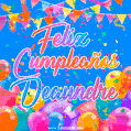 A vibrant animated GIF with 'Feliz Cumpleaños Deaundre' written in colorful script, surrounded by balloons, confetti, and bunting on a bright blue background.